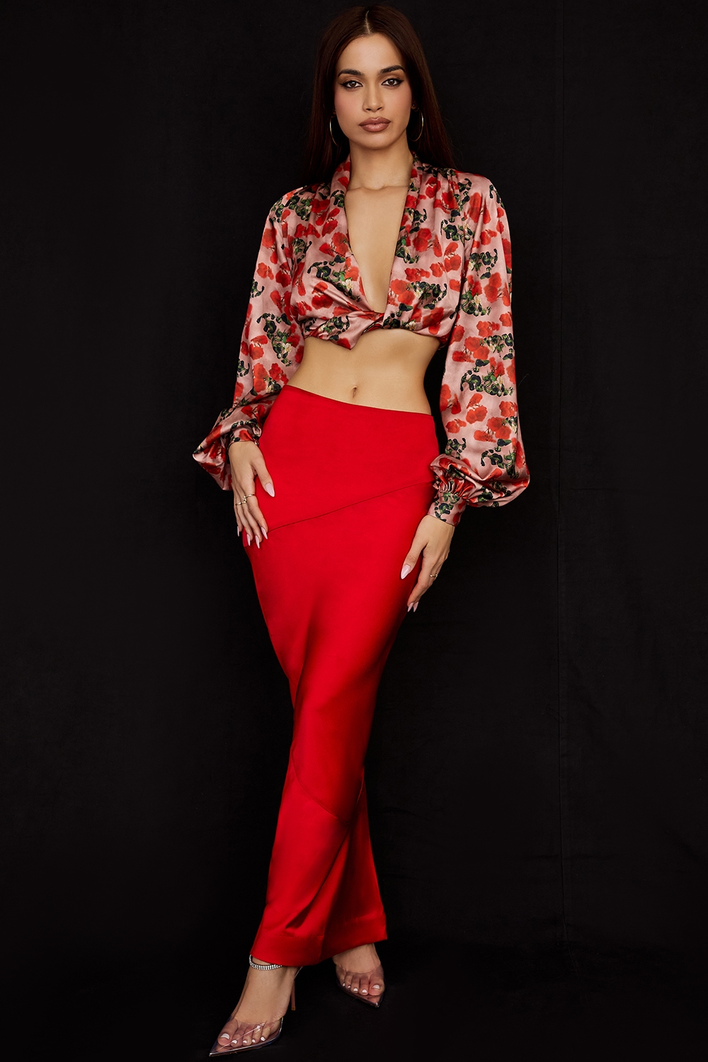 Monica  Rose Print Satin Plunge Top — image 3