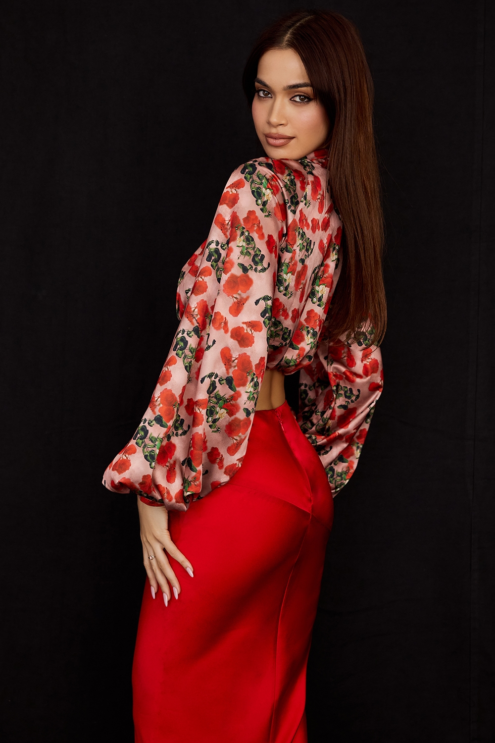 Monica  Rose Print Satin Plunge Top — image 8