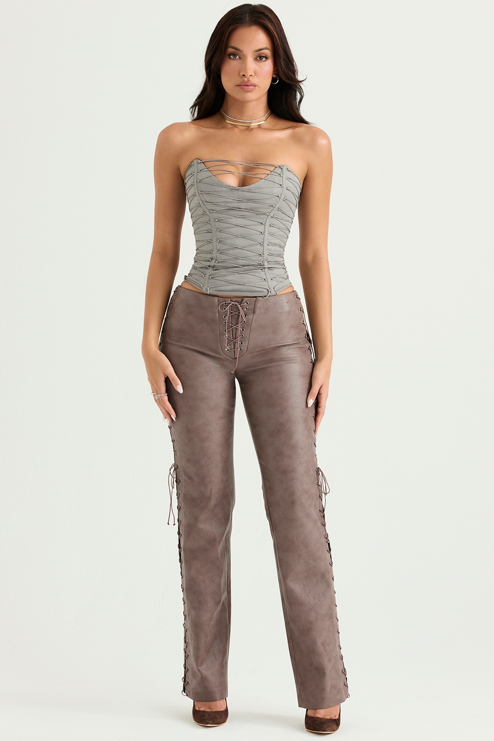 Drew  Mocha Vegan Leather Lace Up Trousers — image 3