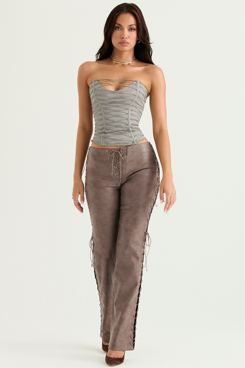 Drew  Mocha Vegan Leather Lace Up Trousers — image 6