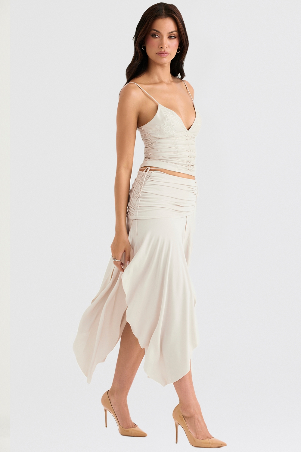 Kaira  Off White Draped Midi Skirt — image 6