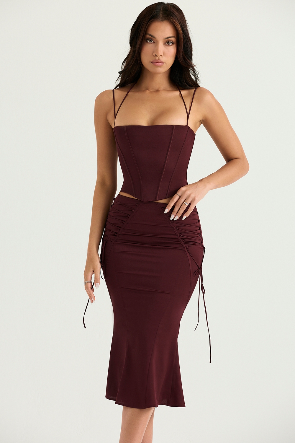 Sidonie  Wine Satin Lace Up Midi Skirt — image 6