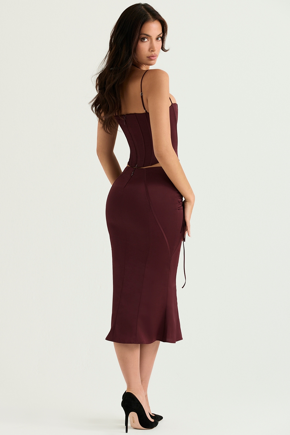 Sidonie  Wine Satin Lace Up Midi Skirt — image 9