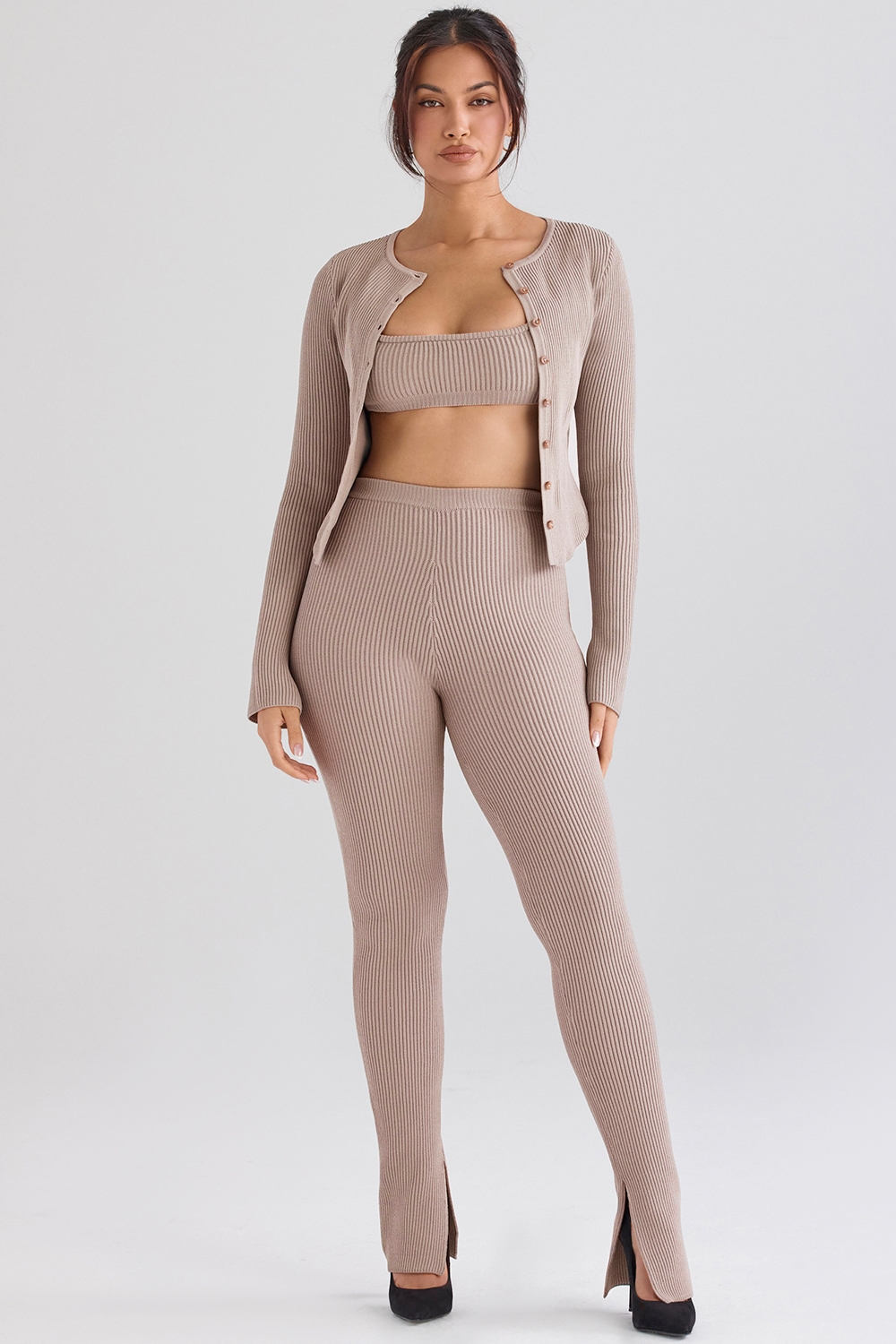 Sylvia  Taupe Ribbed Knit Cardigan — image 2