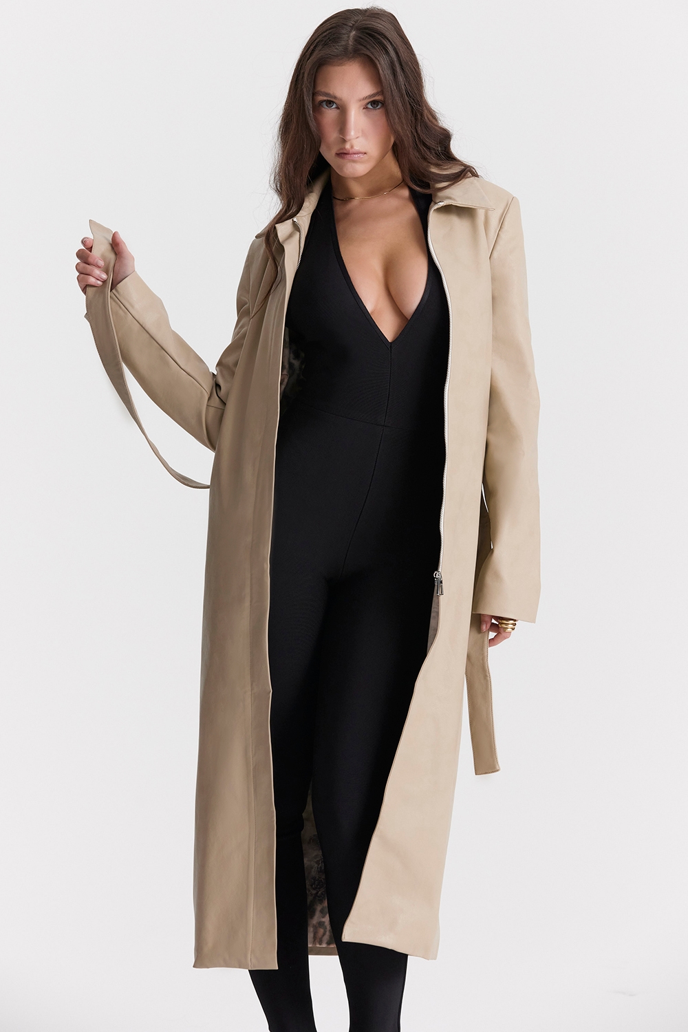 Ariel  Beige Vegan Leather Trench Coat — image 6