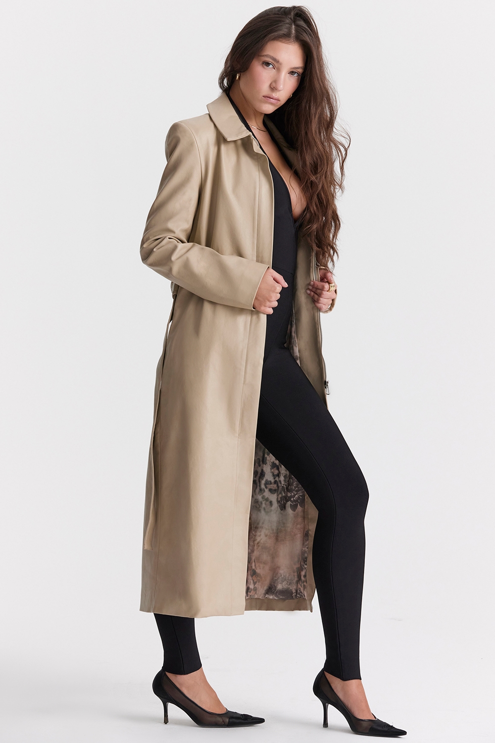 Ariel  Beige Vegan Leather Trench Coat — image 8