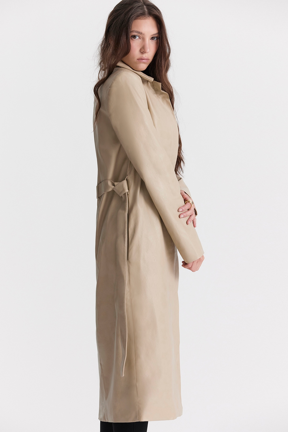 Ariel  Beige Vegan Leather Trench Coat — image 7