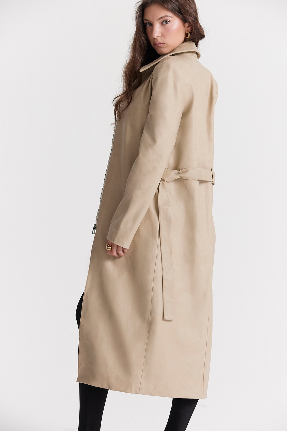 Ariel  Beige Vegan Leather Trench Coat — image 9