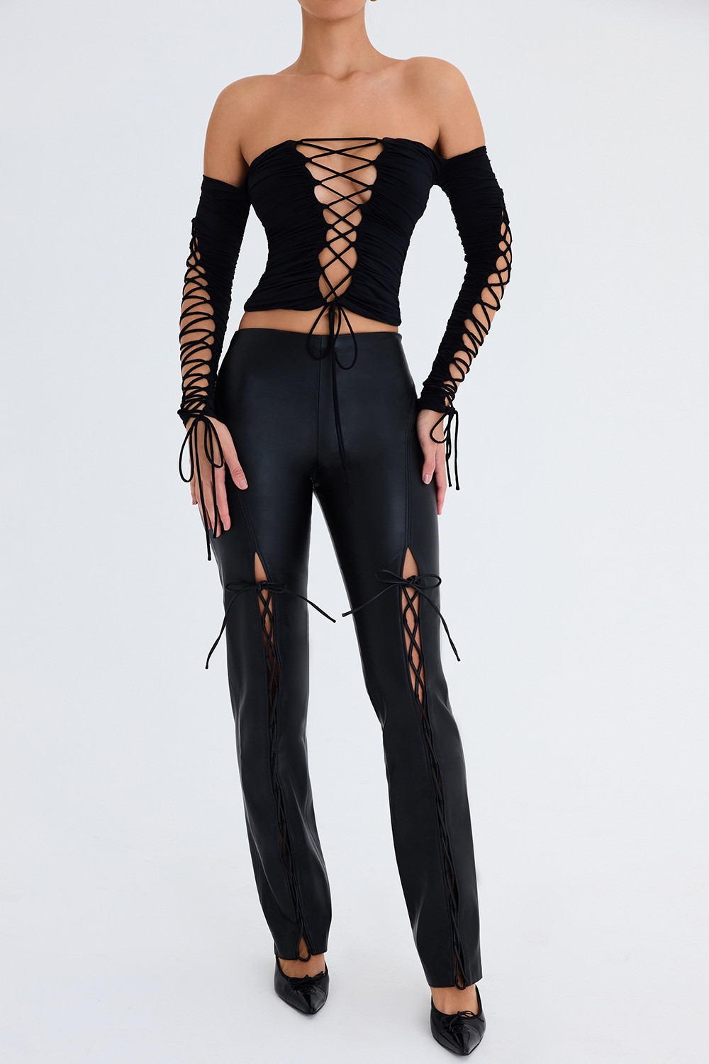 Mistress Rocks Black Vegan Lace Up Trousers - SALE — image 2