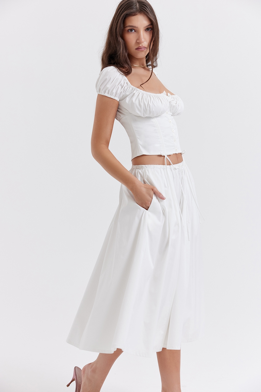 Cora  White Gathered Midi Skirt — image 9