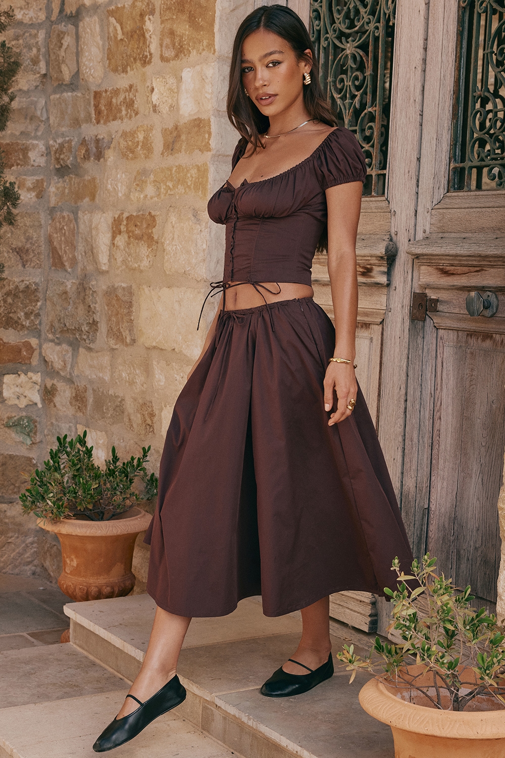 Cora  Rich Brown Gathered Midi Skirt — image 2