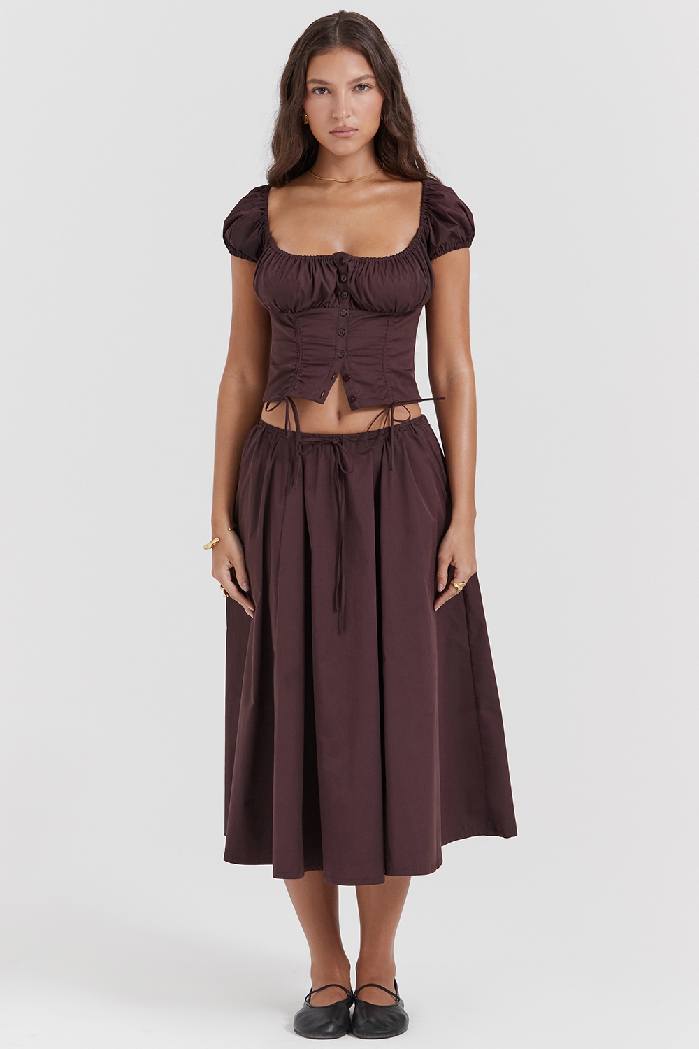 Cora  Rich Brown Gathered Midi Skirt — image 3