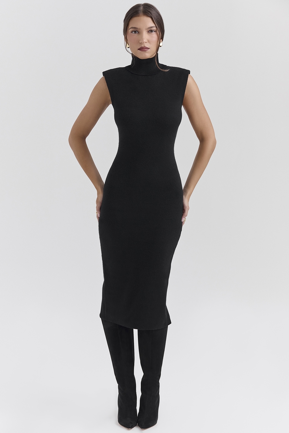 Gaia Black Cashmere Blend Turtle Neck Midi Dress