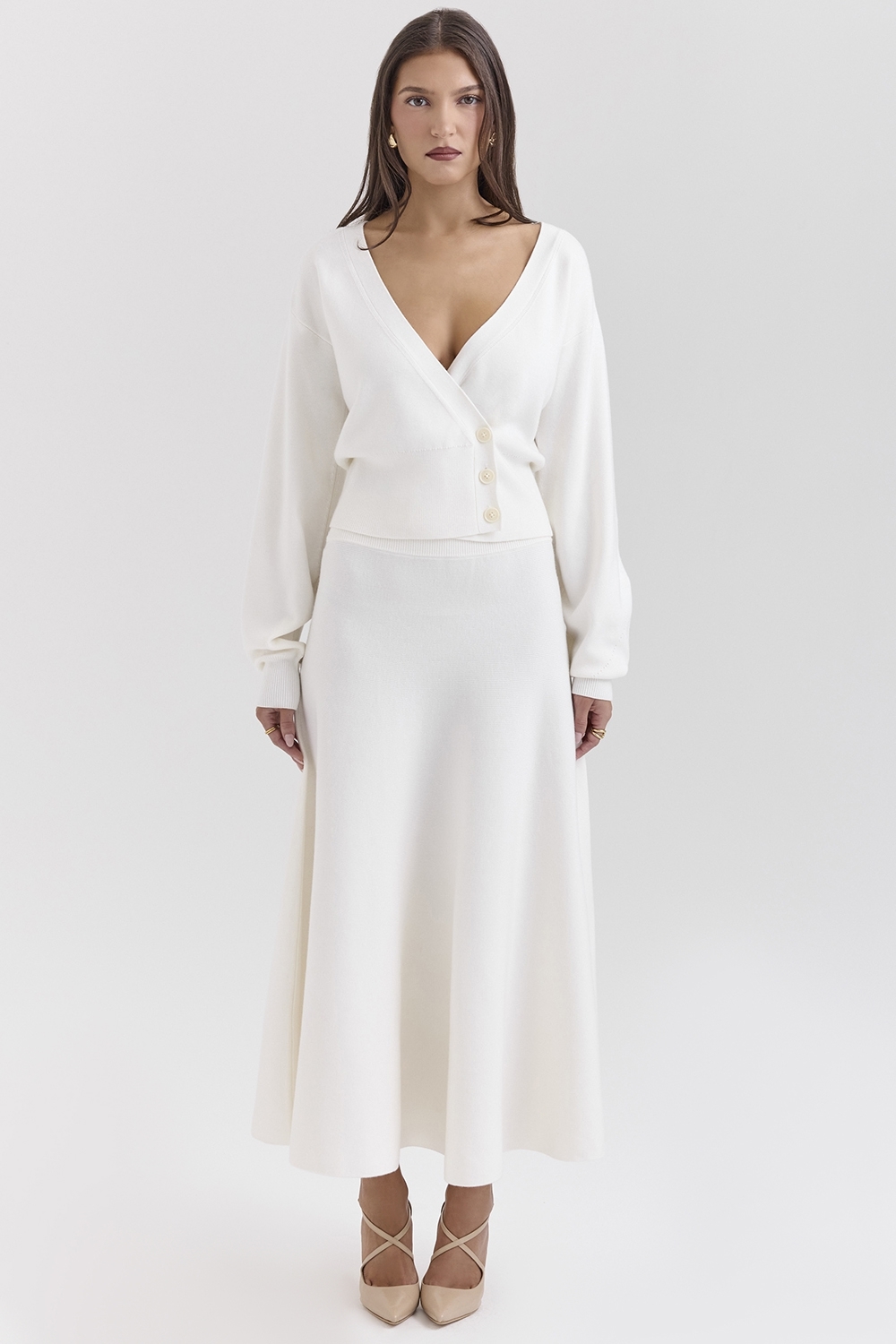 Solara Ivory Wool Mix Flared Midi Skirt